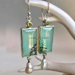 Dangle Chandelier Vintage Square Green Opal Stone Earrings for Women Ethnic Silver Color Round Pearl Earring Party Jewelry H240423