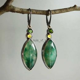 Dangle Chandelier Vintage Metal Leaf Earrings Classic Silver Colour Inlaid with Green Stone Black Hook for Women H240423