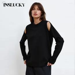 Women's T Shirts InsLucky Sexy Casual Cotton Black Hollow Out O Neck Women Shirt Autumn Base Top Office Lady Elegant Long Sleeve Loose Slim