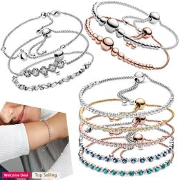 Strands Popular Luxury 925 Silver Women's Ice Crystal Zircon Logo Adjustable Tennis Bracelet Fit Original Women's Charm DIY Jewellery