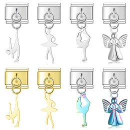 Strands Hapiship New Stainless Steel Angel Ballet Gymnastics Flower Slip Charm Italian Links Fit 9mm Bracelet DIY Making Jewelry DJ712