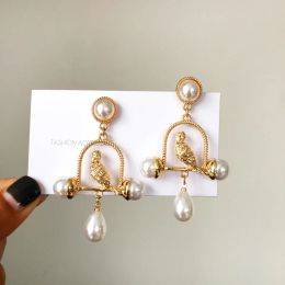 Earrings French Statement Palace Bird In Cage Clip on Earrings No Piercing Vintage Baroque Imitation Pearl Bird Clip Earrings No Hole
