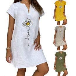 Dress Spring And Summer Loose Skirt Short Sleeve V Neck Cotton Linen Womens Clothing