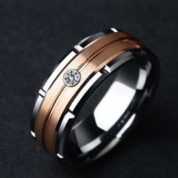 Bands Fashion 8mm Men's Double Groove Bevelled Steel Ring Rose Gold Colour Brushed Inlay AAA Zircon Ring Men's Wedding Band Jewellery Gift