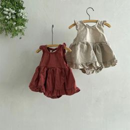 One-Pieces Vintage Linen Cotton Baby Sleeveless Solid Color Romper Ruffled Toddler Girls Romper Dress Soft Breathable Newborn Baby Clothes