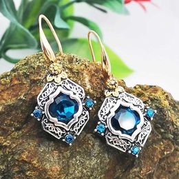 Charm Vintage Square Blue Stone Boho Earrings for Women Ancient Ethnic Tone Engraving Flower Pattern Crystal Dangle Earrings Jewellery Y240423