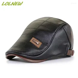 Berets Men Retro PU Leather Beret Hats Autumn Winter Label Hat Middle-aged Men's Visor Warm Flat Peaked Cap Adjustable