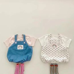 One-Pieces 2022 Summer New Baby Boy Sleeveless Denim Bodysuit Infant Girl Cute Dot Overalls Baby Toddler Rainbow Print Jumpsuit Clothes