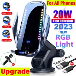 Chargers RGB Car Phone Holder 20W Wireless Charger for iPhone 11 12 13 14 15 Pro Xiaomi Samsung Vents Dashboard Bracket Wireless Charging