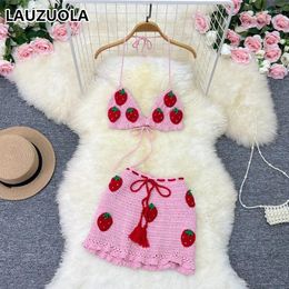 Work Dresses Beach Holiday Style Hollow Out Crochet Knit Strawberry Bikini Suit Outfits 2024 Summer Fashion 2 Pieces Bra Skirts Matching Set
