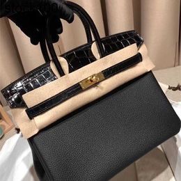 Pure Platinum Wax Bag Thread 2024 Bag Paired with American Crocodile Skin German Togo Cowhide Handbag Handmade Genuine Leather