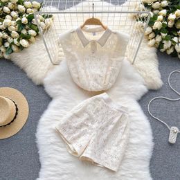 Women's Tracksuits SsTss 2024 Summer Women Two Piece Set Korean Fashion Sleeveless Hollow Out Floral Lace Top Elastic Waist Short Pants