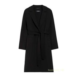 Women's Coat Cashmere Coat Luxury Coat Maxmaras Womens Handsewn Pure Wool Fabric Flip Collar Waistband Bathrobe Style Coat