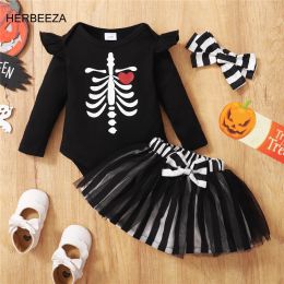 Sets Halloween Hot Skull Print Baby Meisjes Kleding 3 Delige Set Pasgeboren Bobysuit + Jurk Set Festival Party Baby Kostuum Baby outfit