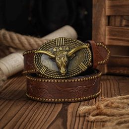 Waist Chain Belts Western Leather Buckle Belts Cowboy Longhorn Bull Pattern Buckle Belt Floral Engraved Buckle Belt for Men Y240422