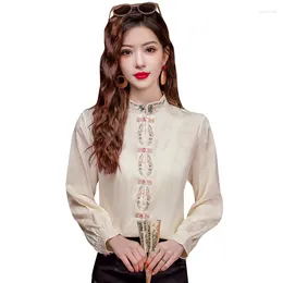 Women's Blouses Chinese Style Double Breasted Top Embroidered Satin Shirt For Women