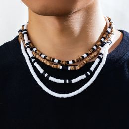 Necklaces IngeSight.Z Vintage Tribal Natural Mix Wood Beaded Choker Necklaces Set for Men Boho Black White Soft Clay Surfer Neck