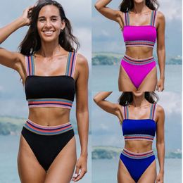 Swimwear New Solid Color Split Bikini Two Piece Set High Waist Colorful Elastic Strap Swimwear