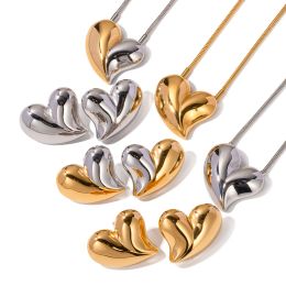 Necklaces Uworld Stainless Steel Domed HeartShaped Pendant Earring Necklace 18K PVD Gold Plated Layering Staple Jewelry Set For Women