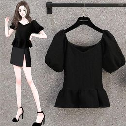 Women's Blouses Summer -size Black Short-sleeved Top Foreign Style Age-reducing Short Shirt