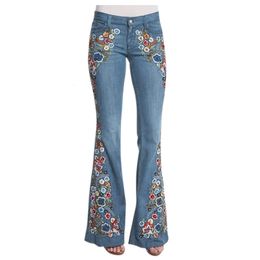 Size S4XL Elastic Flower Embroidered Flare Jeans Womens Retro Style Bell Bottom Skinny Autumn Denim Pants Women 240423