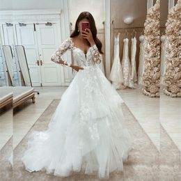 Long Sleeves See Through Wedding Dress Tiered Skirts Women Wedding Dresses For Bride Flowers lace Bridal Wedding Gown