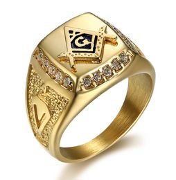 Punk 316L Stainless Steel Masonic Member Gold Color with Pave Setting Zircon for Male Fashion Jewelry1106845