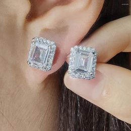 Stud Earrings Simple 925 Sterling Silver Versatile Women Emerald Cut Square Temperament Delicate Ear Piercing Fashion Jewelry