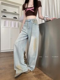 Women's Jeans Benuynffy Retro Diamond Do Old Straight Streetwear Loose High Waist Korean Casual Y2k Baggy Wide-leg Pants