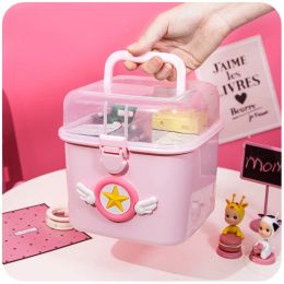 Bins Cute Cartoon Plastic Small Medicine Box Family Spare Medical Storage Boxes Multi Layer Makeup Nail Art Mask Large Storage Box