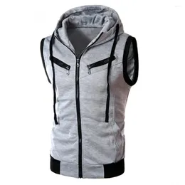 Men's Vests Men Jackets Colour Block Summer Sports Zipper Sleeveless Fitness Hoodies Hooded Vest Clothing Suitable For Running 2024