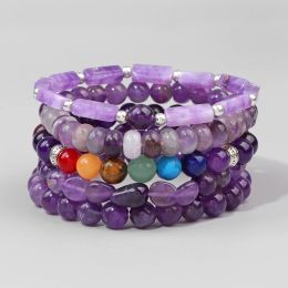 Strands Natural Amethysts Quartz Stone Beads Bracelet Purple Energy Stone Healing Bracelets Men Women Health Therapy Stretch Jewellery