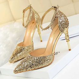 Dress Shoes New Summer Women 7.5cm 9.5cm High Heels Bling Sandals Lady Wedding Bridal Low Gold Silver Sandles Sparkly Sequins H240423