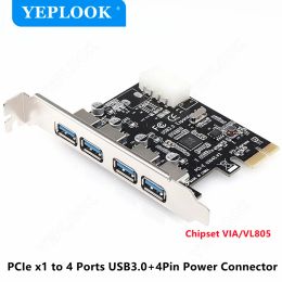 Cards PCIe 1x 4 Port USB3.0 5Gbps PCI Express Expansion Control Card Adapter with 4Pin Power Connector USB 3.0 Hub Chipset VIA VL805