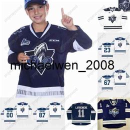 Kob Weng CHL Rimouski Oceanic 11 Alexis Lafreniere 23 Frederik Gauthier 67 Michael Frolik 87 Sidney Crosby Custom Hockey Jerseys White Navy Blue