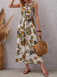 Casual Dresses Fitshinling 2024 Fashion Long Women Clothing Print Vintage Sleeveless Vestidos Holiday Beach Dress Female Robe Femme