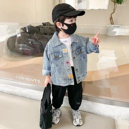 Jackets Boys' Denim Jacket Colourful Patchwork Turn-Down Collar Single Breasted 2024 Spring Autumn Light Blue Fashionable 5-14 Years Old