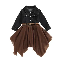 Girl Dresses Pudcoco Kid Baby Tulle Denim Patchwork Dress Long Sleeve Lapel Button Irregular Hem A-Line 3-7T