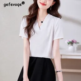 Women's Blouses Korean Fashion Simple Short Sleeve Silk Blouse 2024 Summer Office Lady Elegant Shirt Casual V Neck Black White Slim Tops