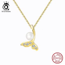 ORSA JEWELS Elegant 925 Sterling Silver Fish Tail Natural Pearl Pendant Necklace for Women Mermaid Tail CZ Pendant Jewelry APN30 240412