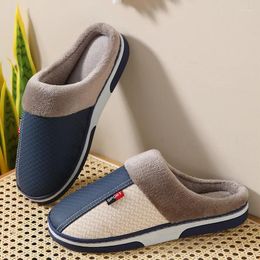 Slippers Winter Warm Men's Plush Home Indoor Non-slip PU Leather Upper Waterproof House Slides Outside Male Cotton Shoes