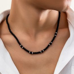 Necklaces Salircon Punk Black Crystal Bead Clavicle Necklace Men's Simple Ethnic Style Bead Chain Choker On Neck Jewelry Gift