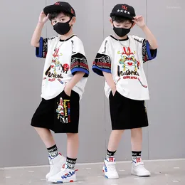 Clothing Sets Boys Summer 2024 Fashion Cartoon Print Top & Shorts 2 Pieces Outfits High Quality Teenager Clothes Costume