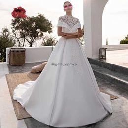 Vinatge High Neck Ball Gown Wedding Dresses Short Sleeve 2024 Long Satin Bridal Dress Two Pieces Sweep Train Custom Made African Bride Formal Wear