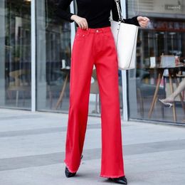 Women's Jeans Red Fashion Autumn Women High Waist Stretch Wide Leg Femme Trousers Korean Casual Comfort Denim Mom Pants Streetwear