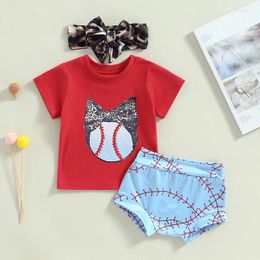 Clothing Sets Baby Girl Summer Clothes Suits Leopard Baseball Print Short Sleeve Crew Neck T-Shirts Shorts Headband 3Pcs Set