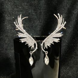 Earrings Shiny Rhinestones Angel Wings Ear Cuff No Piercing Ear Clip for Girls Water Drop Pendant Feamle Cartilage Wedding Jewelry