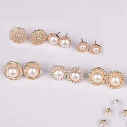 Stud Earrings 6 Pair/Lot Flower Round Simulated Pearl Hollow Jewelry Luxury Rhinestone Metal Earring Sets Accessories