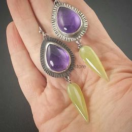 Dangle Chandelier Ethnic Silver Color Metal Water Droplets Purple Stone Womens Earring Vintage Suspension Resin Personality Earrings H240423