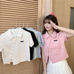 Women's T Shirts Sweet Contrast Striped Knit Sweater Fashion Summer Short Top Temperament Casual Polo Collar T-shirt Street